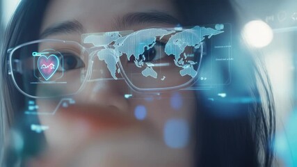 Asian woman doctor wearing augmented reality glasses browsing holographic medical interface with vital signs, hospital building and world map - Powered by Adobe