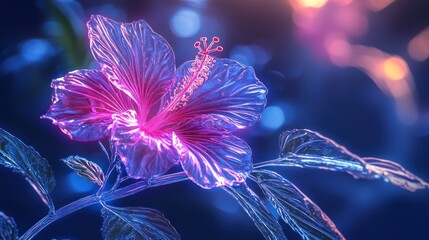 Obraz premium Glowing neon hibiscus flower with bokeh background.
