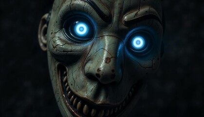 Creepy mask with glowing eyes against dark background