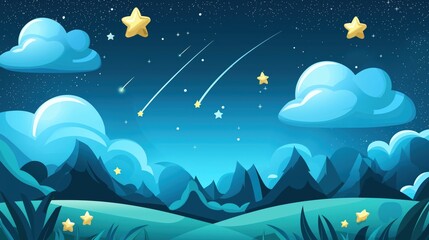 Enchanting night sky with twinkling stars and shooting stars above a serene landscape and rolling hills under dreamy clouds