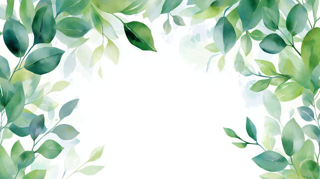 Fresh green leaves border design with watercolor effect on a clean white background creating a natural frame