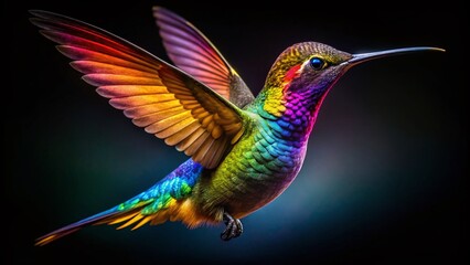 Fototapeta premium Vibrant Hummingbird Silhouette: Colorful Wings Outstretched Against Black Background