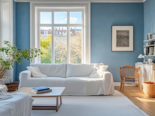 Obraz premium A bright and airy living room with blue walls and a large window