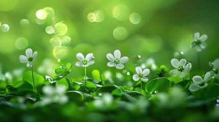 Green theme Spring background with flowers leaves.