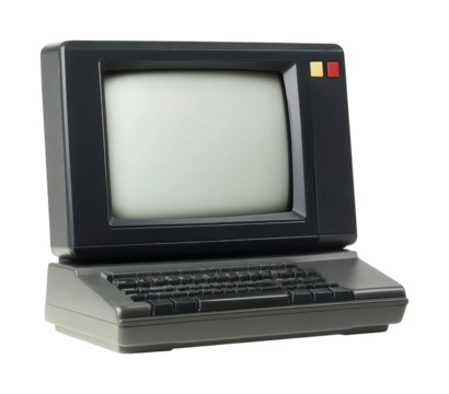 Classic computer displaying retro art. Isolated on transparent background, png.