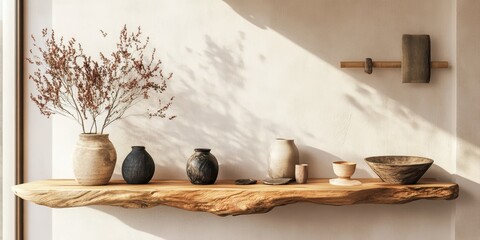 A wooden shelf with decorative items displayed beautifully on a wall