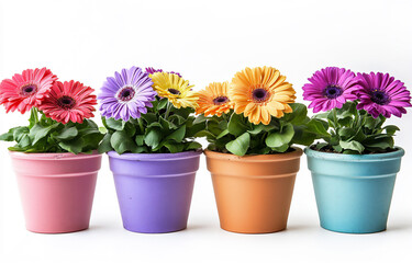 Fototapeta premium vibrant gerbera daisies in colorful pots on white background, clipart