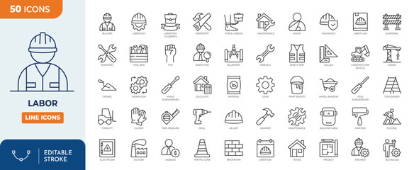 Labor line editable icon set. Contains icons related to labor, construction, labour day, renovation, and more. Vector illustration. 