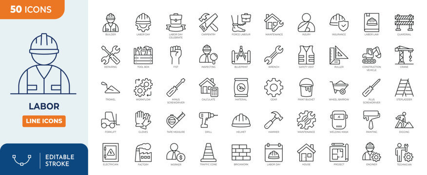 Labor icon set. Contains icons related to labor, construction, labour day, renovation, and more. Outline Icon Collection. Editable stroke. Vector illustration