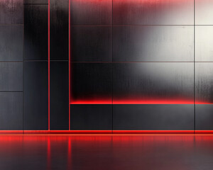 Dark gray textured wall panels with red neon lighting, creating a modern and minimalist display, perfect for product showcase or presentation - obrazy, fototapety, plakaty