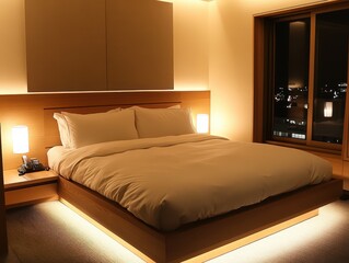 A warmly lit modern bedroom with a large comfortable bed