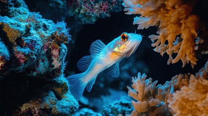 A vibrant, small fish swims amidst colorful coral reef.