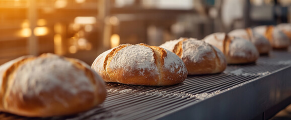 Golden-brown loaves of bread, dusted with flour, move along a conveyor belt, showcasing a bakery's production process, representing freshness, and deliciousness