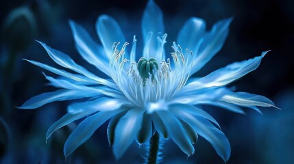 Fototapeta premium Glowing blue flower close-up at night.