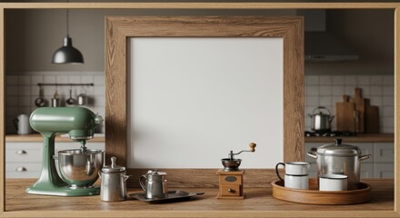 Rustic kitchen scene with green mixer and vintage coffee grinder