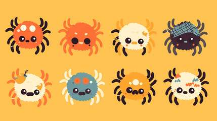 Colorful cartoon spiders with various expressions and accessories on a bright yellow background