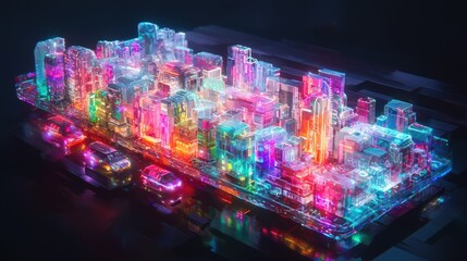 Neon cityscape at night, digital art.