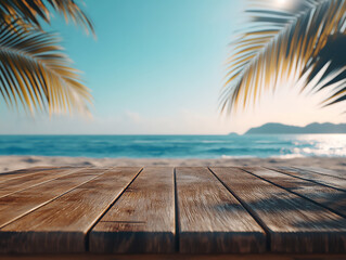 Fototapeta premium wooden table top with a beautiful tropical beach background.