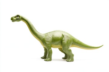 A plastic Diplodocus dinosaur toy, slightly worn, centered on a white background