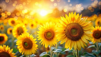 Obraz premium Vibrant Sunflowers in a Field, Bokeh Background, Copy Space for Text - Summer Stock Photo