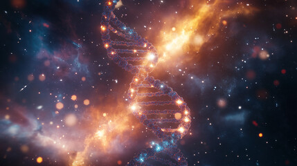 A DNA strand emerging from a glowing nebula, symbolizing the theory of lifeâs cosmic origin