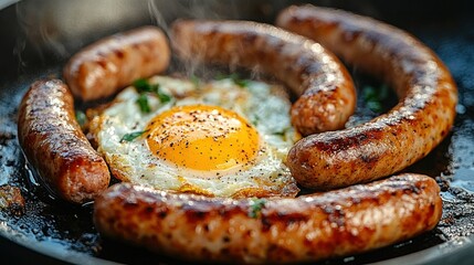 Fototapeta premium Fried Breakfast Sausages and Egg in Pan