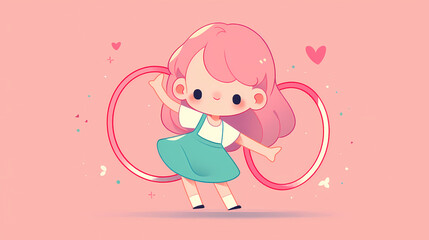 Cute animated girl with pink hair playing with hula hoops on a pastel pink background, surrounded by hearts