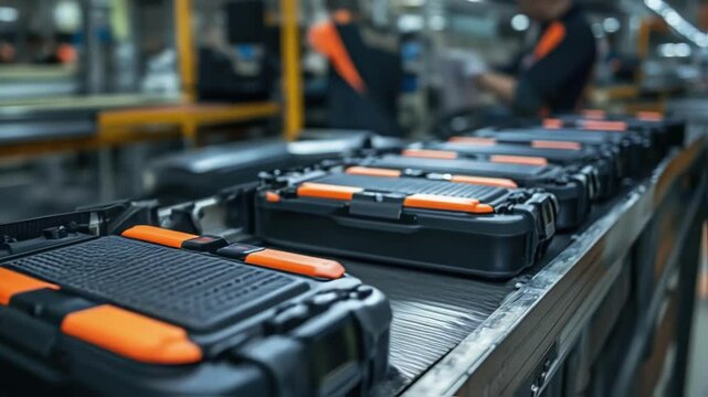 Multiple rugged protective cases with orange details are moving on a conveyor belt in an electronics factory, suggesting a streamlined manufacturing or packaging process