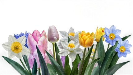 Obraz premium Watercolor bouquet of spring flowers including tulips, daffodils, and hyacinths