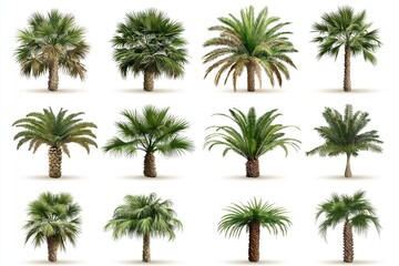 Fototapeta premium Collection of various palm tree species isolated on a white background, showcasing tropical nature, botanical diversity, and exotic plant beauty, Generative AI