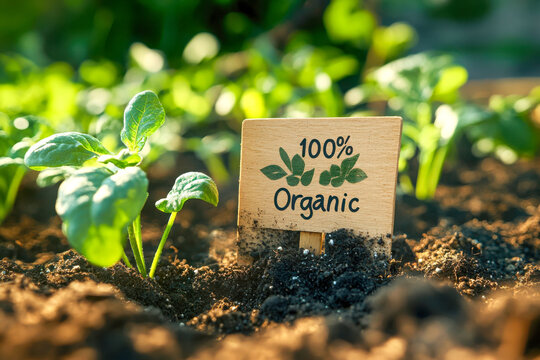 Close-up of organic plants growing in rich soil with a wooden sign reading "100 percent Organic." Sustainable farming and eco-friendly agriculture concept