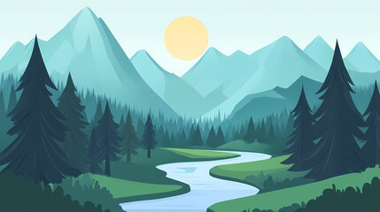 Serene forest landscape with winding river and mountains - minimalist vector illustration in soft flat style. Silence - Monastery. Illustration