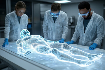 team of researchers in lab coats analyzing holographic human figure on table, showcasing advanced technology and collaboration in modern laboratory setting