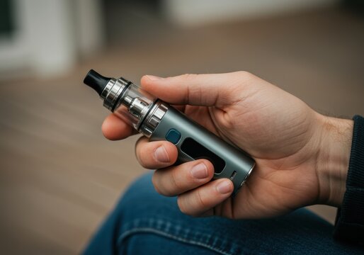 Person holding modern vape device indoors demonstrating use of electronic cigarette