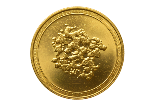 Realistic floating gold nugget on shiny golden coin with intricate details reflecting light and showcasing unique texture