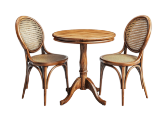 Comfortable bistro table & chairs. Isolated on transparent background, png.