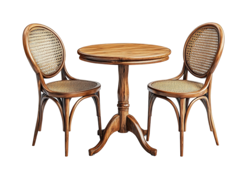 Comfortable bistro table & chairs. Isolated on transparent background, png.