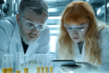 team of researchers in high tech lab examines data on tablet, showcasing collaboration and innovation in scientific research
