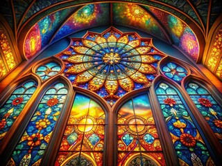 Obraz premium Vintage Cathedral Stained Glass Window Sunlight, Gothic Architecture, Colorful Religious Art, Spiritual, Ancient Church