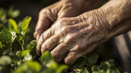 Closeup view of hands of gardener working in field planting flowers.