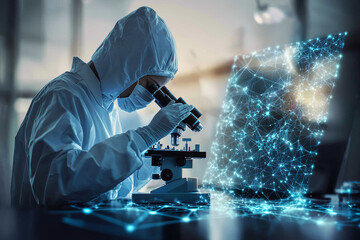 researcher in high tech lab examines samples under microscope, surrounded by digital data and connections, showcasing innovation and scientific exploration