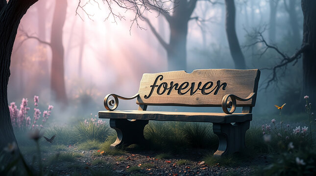 Das Wort "forever" sher k&uuml;nstlerisch in eine Holzbank graviert. Ein Liebesschwur in der Natur.