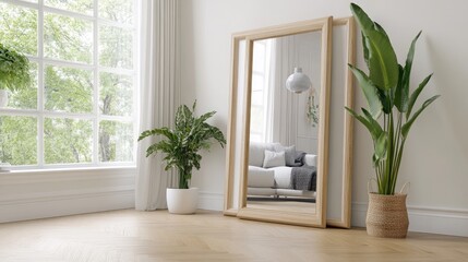 A stylish living room features a large sectional sofa, minimalistic circular tables, and a huge mirror reflecting the natural light and outdoor greenery