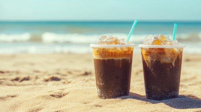 Soft Drink at beach, coffee with ice and straw in plastic glass at beach, Close up of take away plastic cup of iced black coffee (Americano) with drop, Black coffee in a plastic cup on the beach