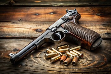 Obraz premium Vintage Firearms & Ammunition: Luger P08, TT Handgun, 9mm Bullets on Rustic Wood