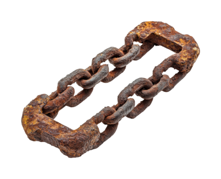 Rusty chain found in abandoned site. Isolated on transparent background, png.