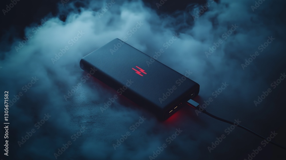 Poster external hard drive with glowing red neon lights and smoke, symbolizing advanced technology, data se