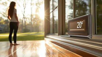 Smart thermostat by a sunlit window displaying 20 degrees, symbolizing energy efficiency, home automation, climate control, and modern digital technology, Generative AI