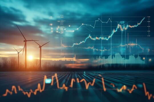 Wind turbines at sunset with financial data overlay, representing renewable energy investment, stock market growth, sustainability, and economic transformation in the energy sector, Generative AI