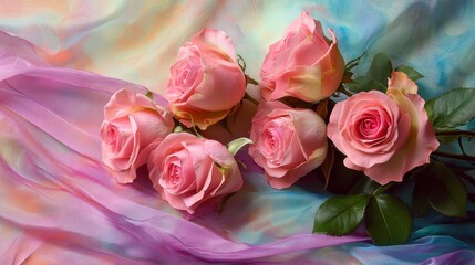 Beautiful composition with pink roses and silk ribbon on color background